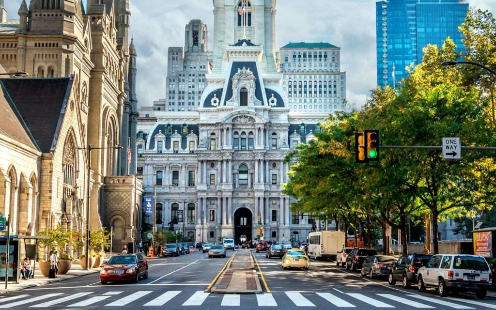 Philadelphia City Hall seen down Broad Street on a sunny day